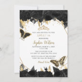 Elegant Black Gold Floral Butterfly Sweet 16 Kaart (Voorkant)