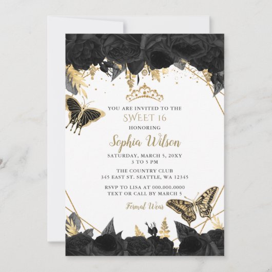 Elegant Black Gold Floral Butterfly Sweet 16 Kaart (Voorkant)