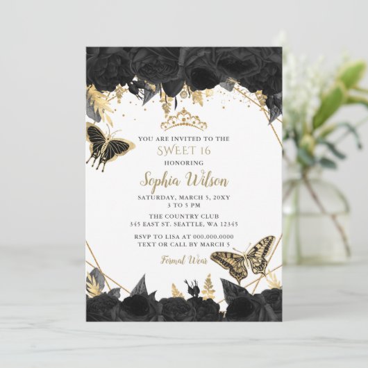 Elegant Black Gold Floral Butterfly Sweet 16 Kaart (Staand voorkant)