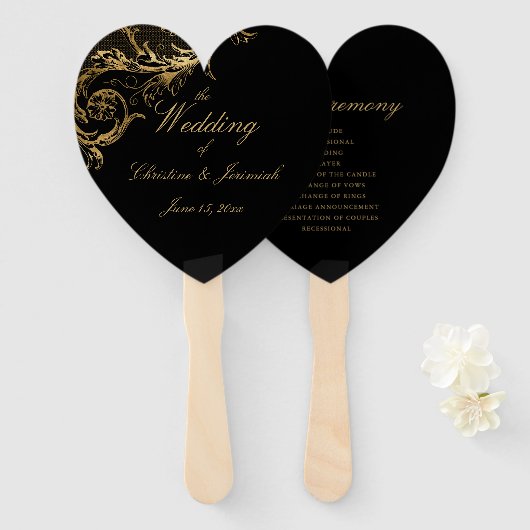 Elegant Black Gold Floral Damask Script Weduwschap Handwaaier (Voorkant en achterkant)