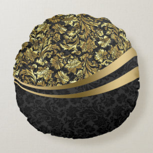 Elegant Black & Gold  Floral Damaskers Rond Kussen