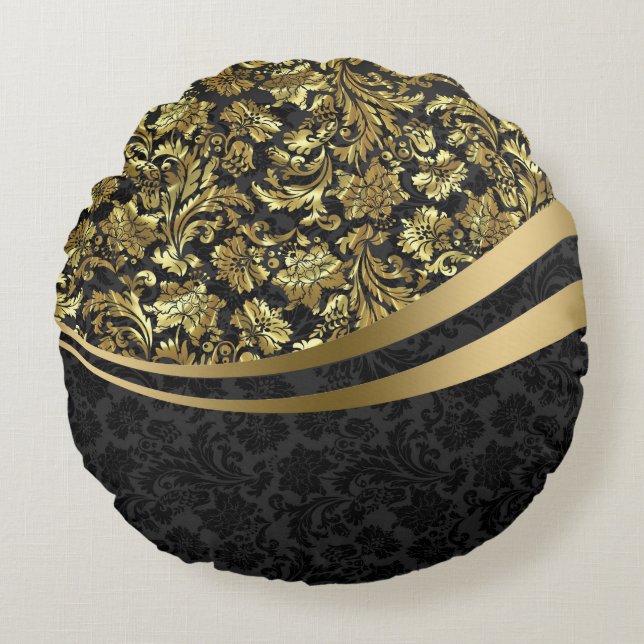 Elegant Black & Gold  Floral Damaskers Rond Kussen (Voorkant)