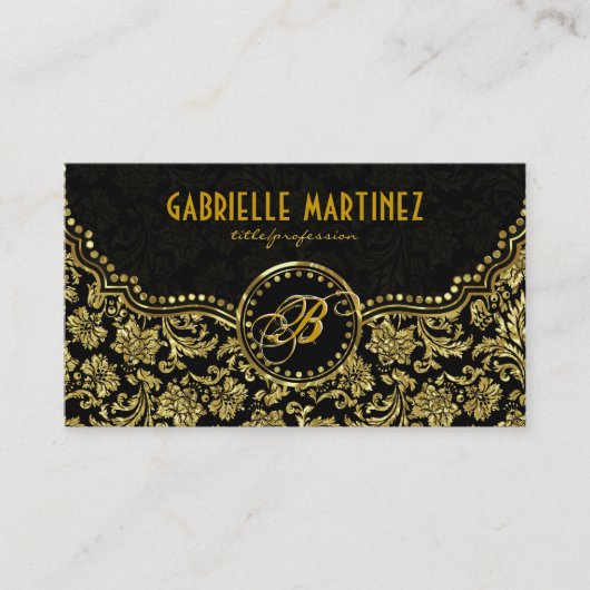 Elegant Black & Gold  Floral Damaskers Visitekaartje (Voorkant)
