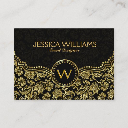 Elegant Black & Gold  Floral Damaskers Visitekaartje (Voorkant)