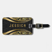 Elegant Black & Gold Floral DamasPatroon Bagagelabel (Voorkant horizontaal)