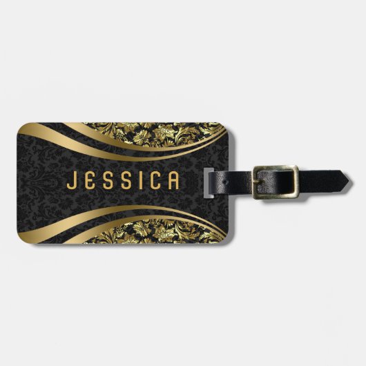 Elegant Black & Gold Floral DamasPatroon Bagagelabel (Voorkant horizontaal)