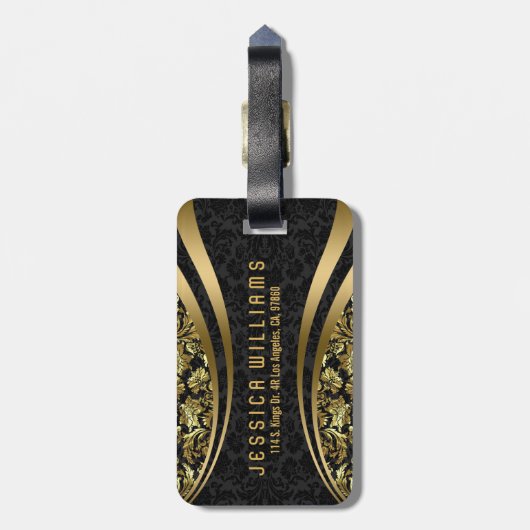 Elegant Black & Gold Floral DamasPatroon Bagagelabel (Achterkant verticaal)