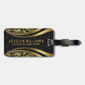 Elegant Black & Gold Floral DamasPatroon Bagagelabel (Achterkant horizontaal)