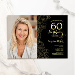 Elegant Black Gold Floral Foto 60e verjaardag Kaart<br><div class="desc">Zwart goud bloemenfeest 60e verjaardag uitnodiging met je foto op de voorkant van de kaart. Minimalistisch modern design met botanische contourtekenaccenten, faux gouden folie en typografie script lettertype. Eenvoudige trendy uitnodigingskaart perfect voor een stijlvol vrouwen dagfeest. Kan worden aangepast aan elke leeftijd. Gedrukte Zazzle-uitnodigingen of direct download digitale afdrukbare sjabloon....</div>