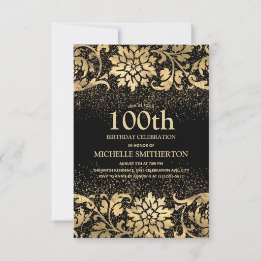 Elegant Black Gold Floral Glitter 100th Birthday Kaart (Voorkant)