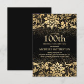Elegant Black Gold Floral Glitter 100th Birthday Kaart (Voorkant / Achterkant)