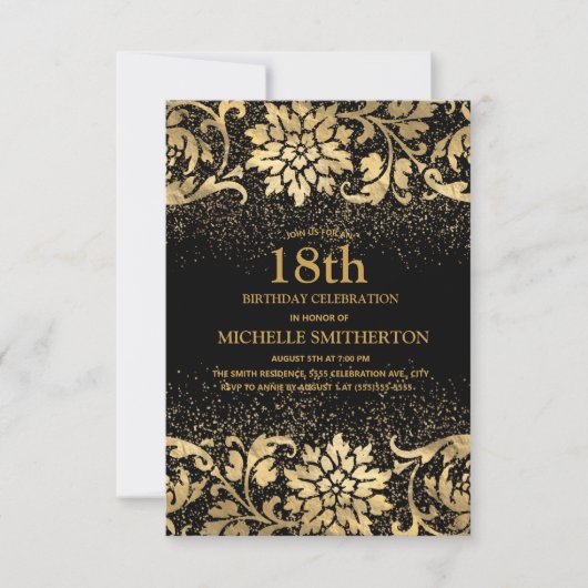 Elegant Black Gold Floral Glitter 18th Birthday Kaart (Voorkant)