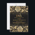 Elegant Black Gold Floral Glitter 18th Birthday Kaart<br><div class="desc">Mooie,  elegante uitnodiging voor het 18e verjaardagsfeest voor zwart-gouden vrouwen. De tekst is klantgericht,  zodat maak het uw eigen. Neem contact met ons op voor hulp bij aanpassingen of om passende producten aan te vragen.</div>