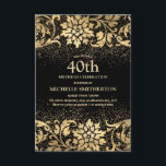 Elegant Black Gold Floral Glitter 40th Birthday Kaart<br><div class="desc">Mooie,  elegante zwarte en goudflorale uitnodiging van de 40ste verjaardag van vrouwen. De tekst is klantgericht,  zodat maak het uw eigen. Neem contact met ons op voor hulp bij aanpassingen of om passende producten aan te vragen.</div>