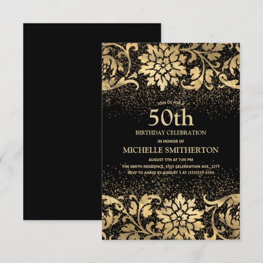 Elegant Black Gold Floral Glitter 50th Birthday Kaart (Voorkant / Achterkant)