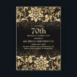Elegant Black Gold Floral Glitter 70th Birthday Kaart<br><div class="desc">Mooie,  elegante zwarte en goudflorale uitnodiging van de 70ste verjaardag van vrouwen. De tekst is klantgericht,  zodat maak het uw eigen. Neem contact met ons op voor hulp bij aanpassingen of om passende producten aan te vragen.</div>