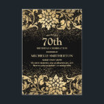 Elegant Black Gold Floral Glitter 70th Birthday Kaart<br><div class="desc">Mooie,  elegante zwarte en goudflorale uitnodiging van de 70ste verjaardag van vrouwen. De tekst is klantgericht,  zodat maak het uw eigen. Neem contact met ons op voor hulp bij aanpassingen of om passende producten aan te vragen.</div>