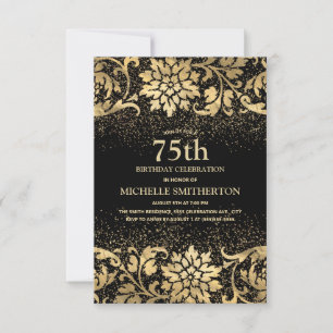 Elegant Black Gold Floral Glitter 75th Birthday Kaart