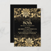 Elegant Black Gold Floral Glitter 80th Birthday Kaart (Voorkant / Achterkant)
