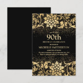 Elegant Black Gold Floral Glitter 90th Birthday Kaart (Voorkant / Achterkant)