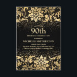 Elegant Black Gold Floral Glitter 90th Birthday Kaart<br><div class="desc">Mooie,  elegante zwarte en goudflorale uitnodiging van de 90ste verjaardag van vrouwen. De tekst is klantgericht,  zodat maak het uw eigen. Neem contact met ons op voor hulp bij aanpassingen of om passende producten aan te vragen.</div>