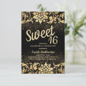 Elegant Black Gold Floral Glitter Sweet 16 Kaart (Staand voorkant)