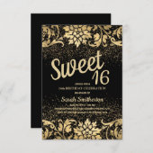 Elegant Black Gold Floral Glitter Sweet 16 Kaart (Voorkant / Achterkant)