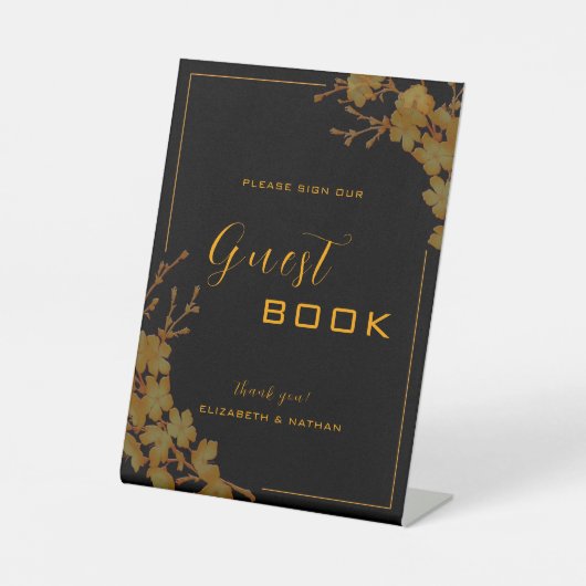 Elegant Black & Gold Floral Guestbook Reclamebord Met Voetstuk (Voorkant)