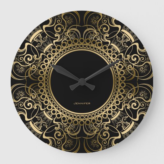 Elegant Black & Gold Floral Lijst Grote Klok (Voorkant)