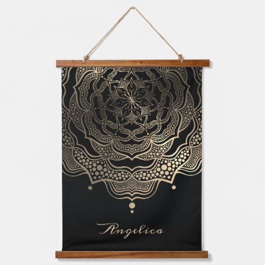 Elegant Black & Gold Floral Mandala op maat Hangend Wandkleed (Voorkant)