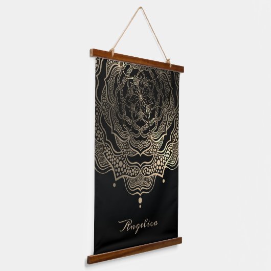 Elegant Black & Gold Floral Mandala op maat Hangend Wandkleed (Gebogen)