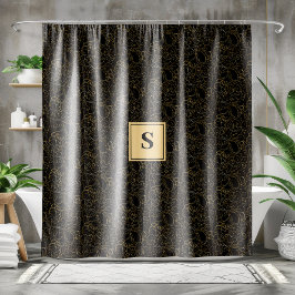 Elegant Black Gold Floral Monogram Douchegordijn