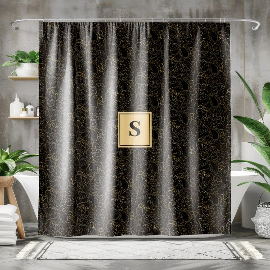 Elegant Black Gold Floral Monogram Douchegordijn