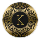 Elegant Black & Gold Floral Ornament Keramische Knop (Voorkant)