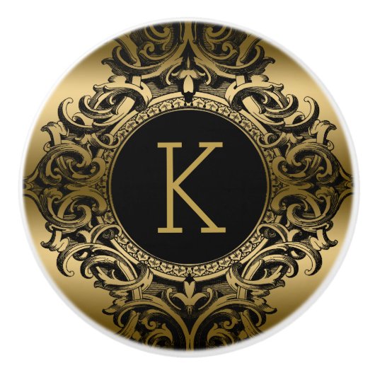 Elegant Black & Gold Floral Ornament Keramische Knop (Voorkant)