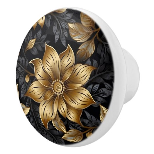 Elegant Black Gold Floral Pattern Keramische Knop (Rechts)