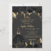 Elegant Black Gold Floral Princess SWEET 16 Kaart (Voorkant)