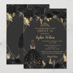 Elegant Black Gold Floral Princess SWEET 16 Kaart