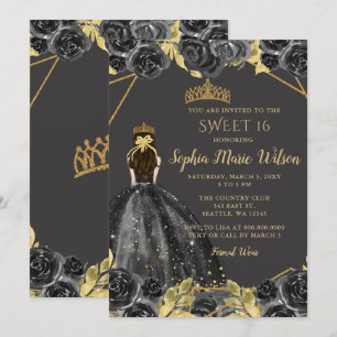 Elegant Black Gold Floral Princess SWEET 16 Kaart