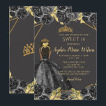 Elegant Black Gold Floral Princess SWEET 16 Kaart<br><div class="desc">Elegant Black Gold Floral Princess SWEET 16 Uitnodiging</div>