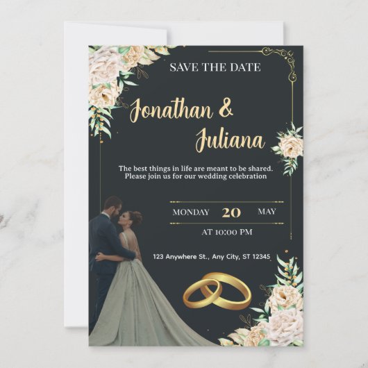 Elegant Black & Gold Floral Save the Date Wedding Kaart (Voorkant)