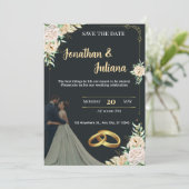 Elegant Black & Gold Floral Save the Date Wedding Kaart (Staand voorkant)