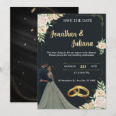 Elegant Black & Gold Floral Save the Date Wedding Kaart (Voorkant / Achterkant)
