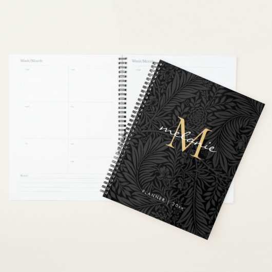 Elegant Black Gold Floral Script Monogram Agenda (Display)