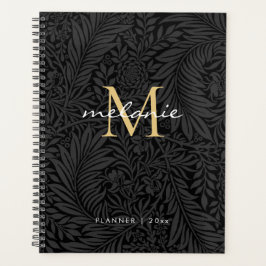 Elegant Black Gold Floral Script Monogram Agenda