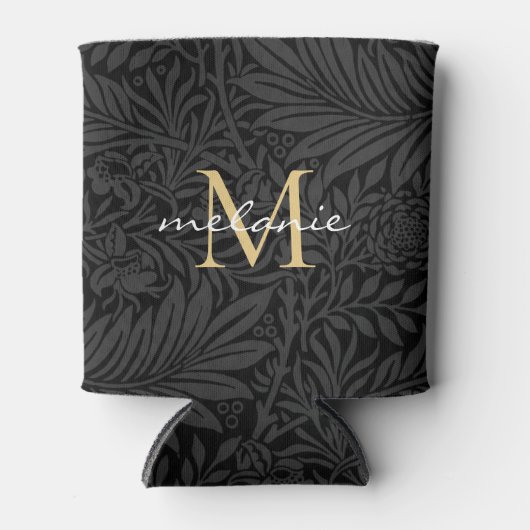 Elegant Black Gold Floral Script Monogram Blikjeskoeler (Voorkant)