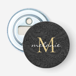 Elegant Black Gold Floral Script Monogram Button Flesopener