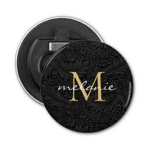 Elegant Black Gold Floral Script Monogram Button Flesopener