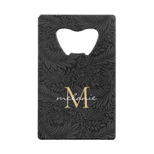 Elegant Black Gold Floral Script Monogram Creditkaart Flessenopener (Voorkant)
