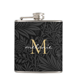 Elegant Black Gold Floral Script Monogram Heupfles